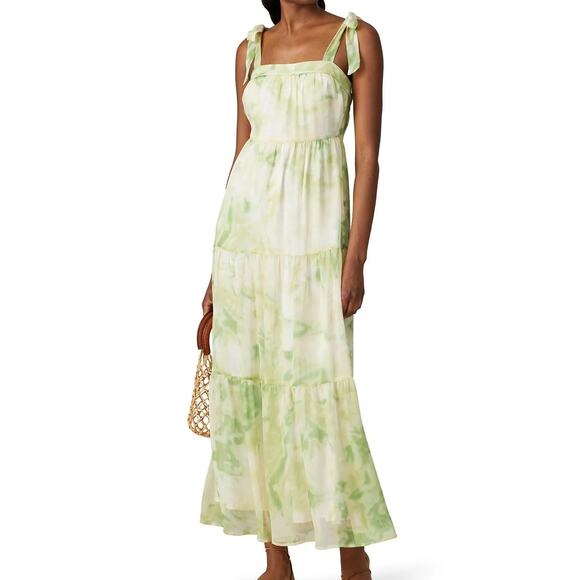 Line & Dot Palm Lime Tiered Tie Shoulder Sleeveless Maxi Dress Womens Med - Picture 1 of 13